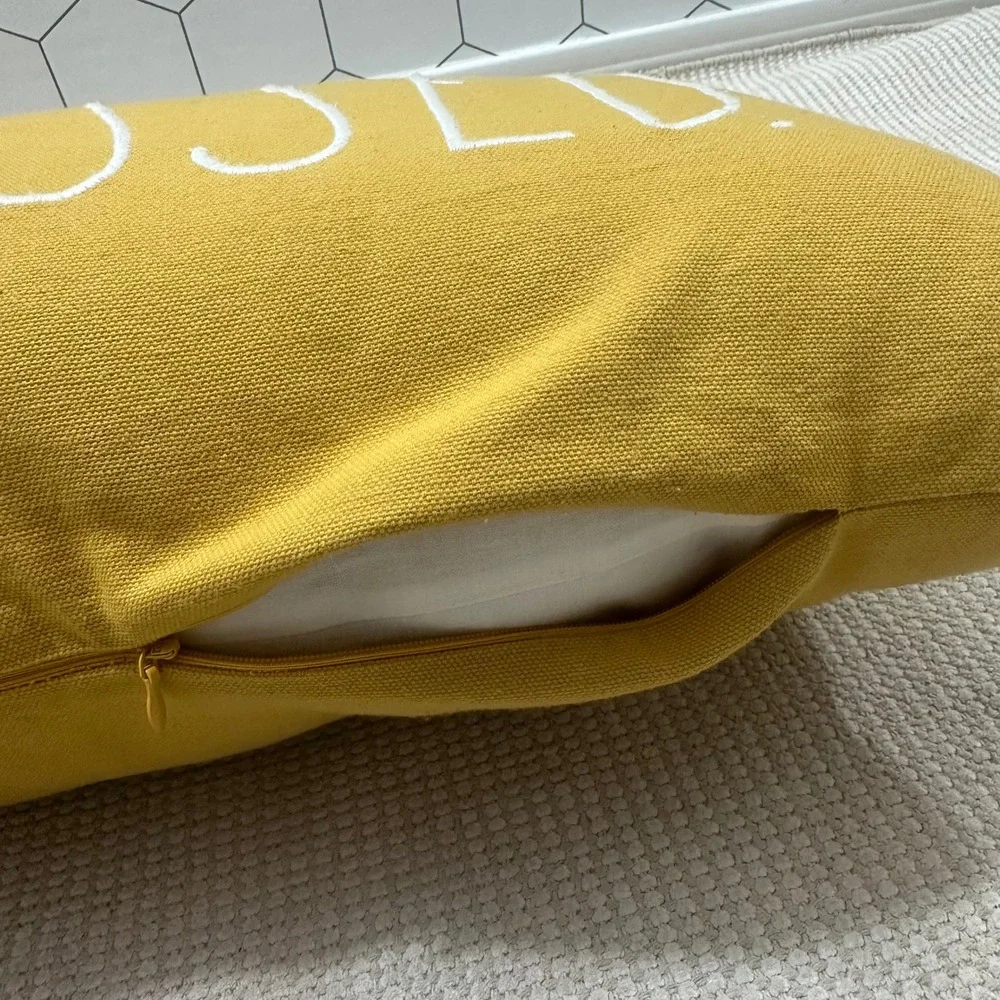 Rae Dunn Simply Blessed Mustard Yellow Lumbar Pillow 34x12 Embroidered Farmhouse